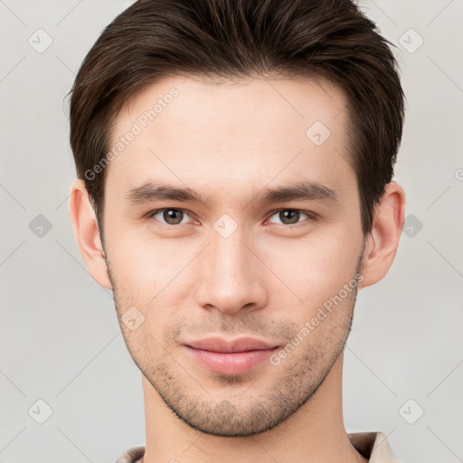 Neutral white young-adult male with short  brown hair and brown eyes