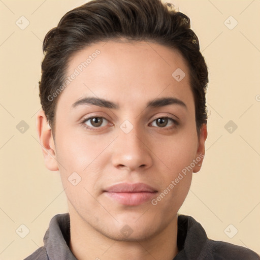 Neutral white young-adult male with short  brown hair and brown eyes