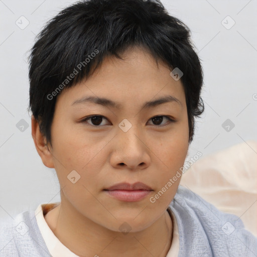 Neutral asian young-adult female with short  brown hair and brown eyes