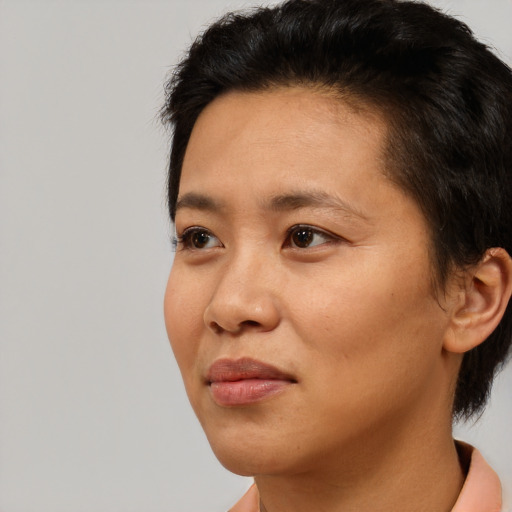Joyful asian young-adult female with short  black hair and brown eyes