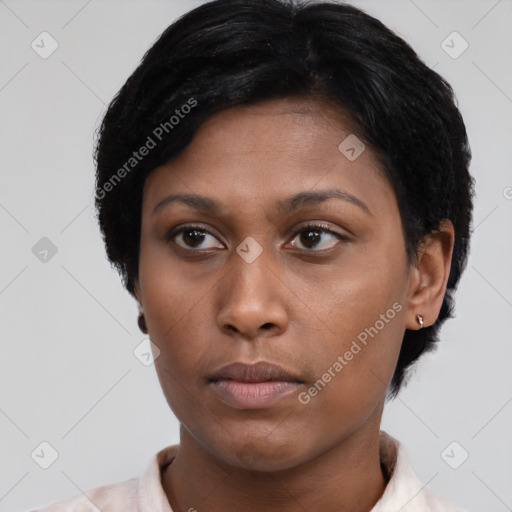 Neutral asian young-adult female with short  black hair and brown eyes