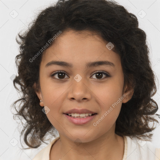 Joyful white child female with medium  brown hair and brown eyes