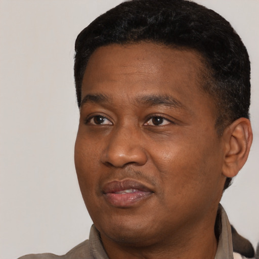 Neutral black adult male with short  black hair and brown eyes