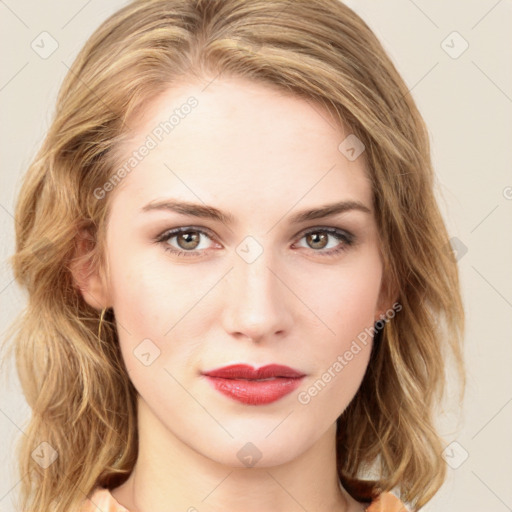 Joyful white young-adult female with medium  brown hair and green eyes