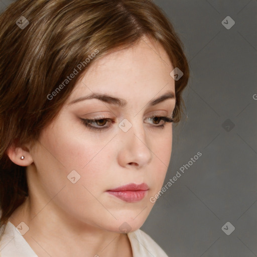 Neutral white young-adult female with medium  brown hair and brown eyes