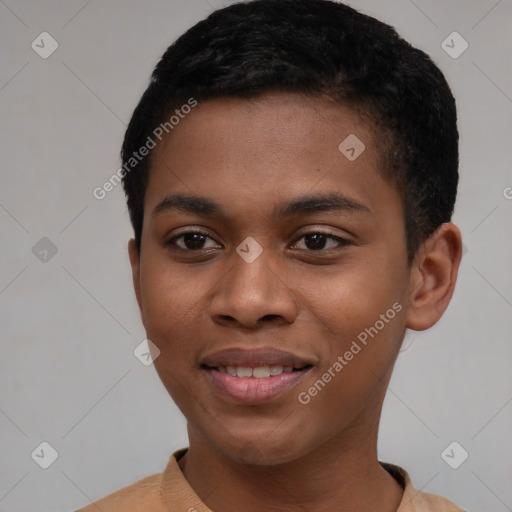 Joyful black young-adult male with short  brown hair and brown eyes