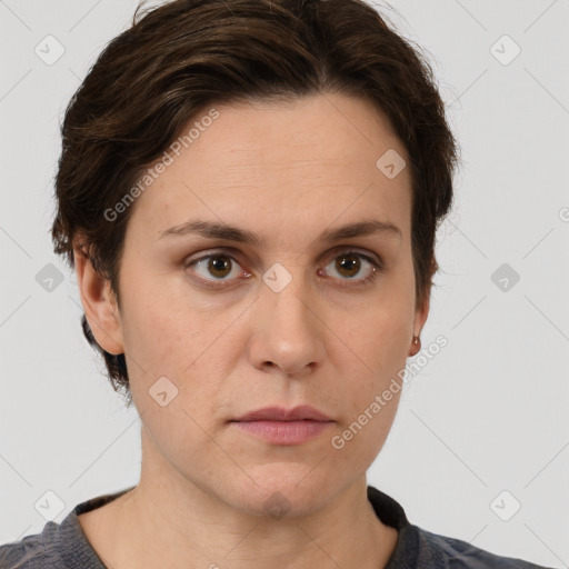 Neutral white young-adult female with short  brown hair and brown eyes