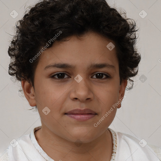 Joyful white child female with short  brown hair and brown eyes