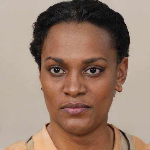 Neutral black young-adult female with short  black hair and brown eyes