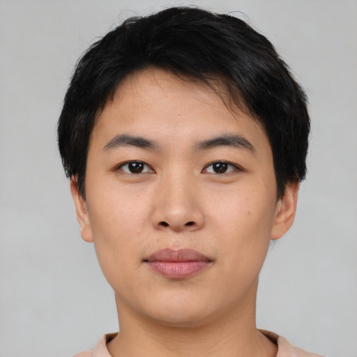 Neutral asian young-adult male with short  black hair and brown eyes