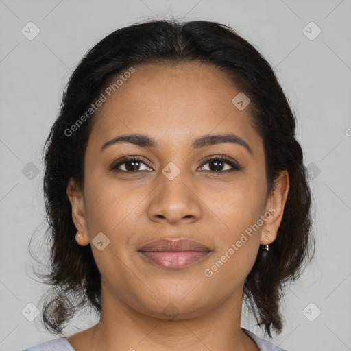 Joyful latino young-adult female with medium  brown hair and brown eyes