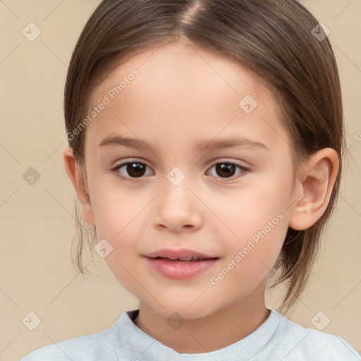 Joyful white child female with medium  brown hair and brown eyes