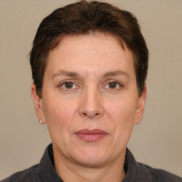 Joyful white adult female with short  brown hair and grey eyes