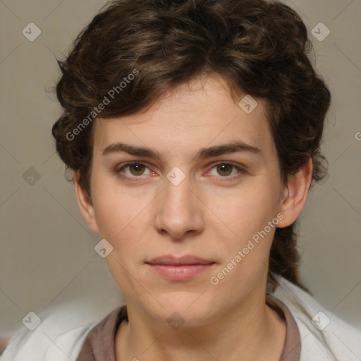 Neutral white young-adult female with short  brown hair and brown eyes