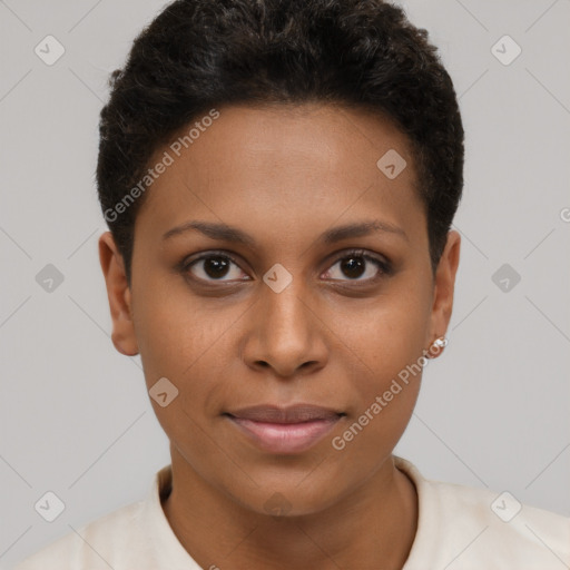 Joyful black young-adult female with short  brown hair and brown eyes