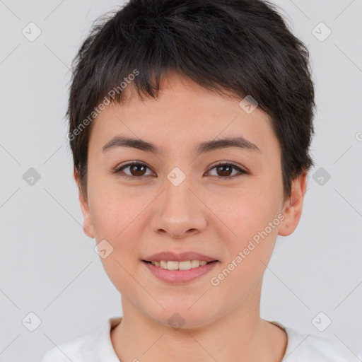 Joyful white young-adult female with short  brown hair and brown eyes