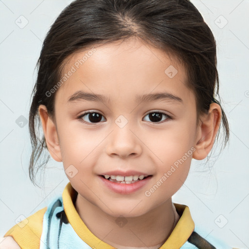 Joyful white child female with medium  brown hair and brown eyes