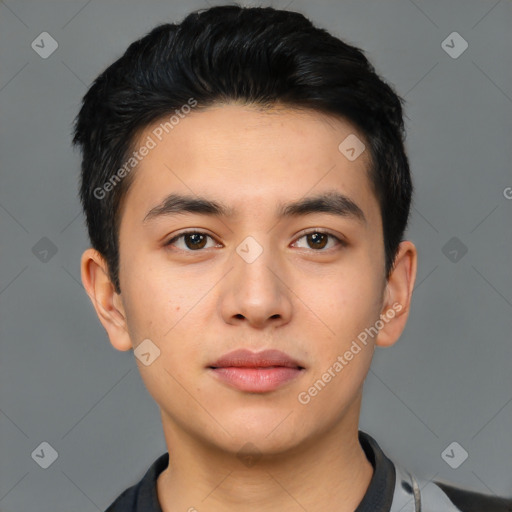 Neutral asian young-adult male with short  black hair and brown eyes