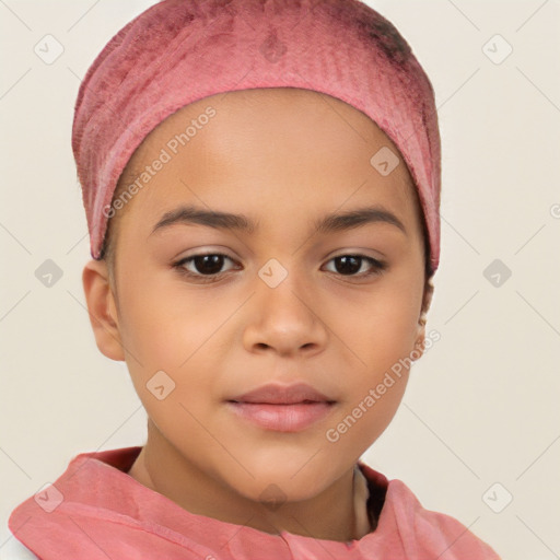 Joyful white child female with short  brown hair and brown eyes