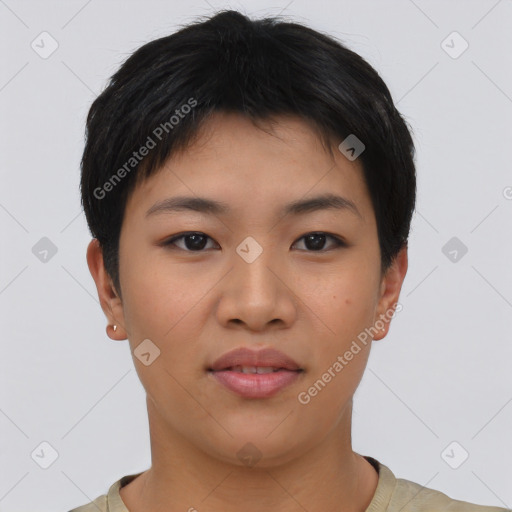 Joyful asian young-adult female with short  brown hair and brown eyes