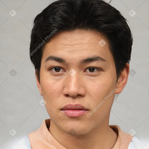 Neutral asian young-adult male with short  brown hair and brown eyes