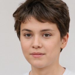 Neutral white young-adult female with short  brown hair and brown eyes