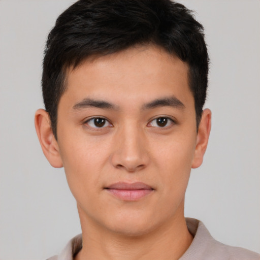 Neutral asian young-adult male with short  brown hair and brown eyes