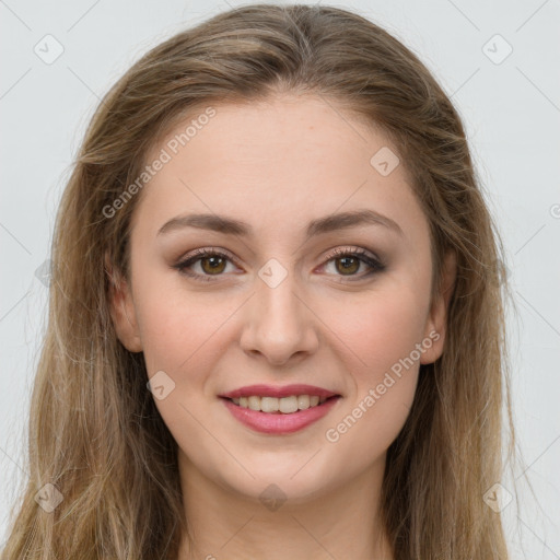 Joyful white young-adult female with long  brown hair and grey eyes