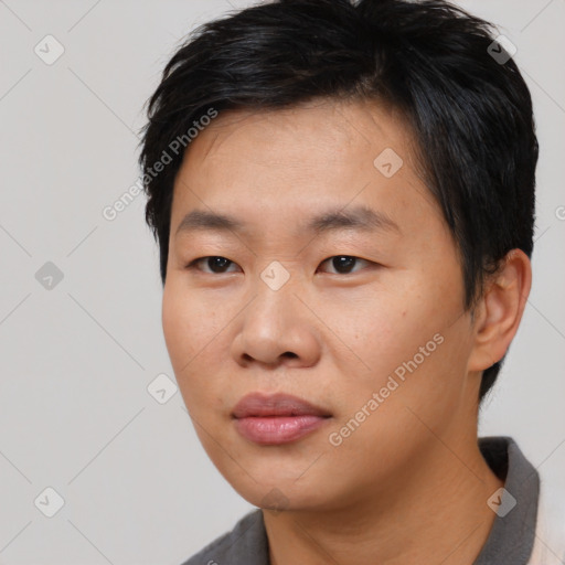 Neutral asian young-adult male with short  black hair and brown eyes