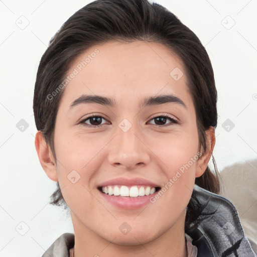 Joyful white young-adult female with medium  brown hair and brown eyes