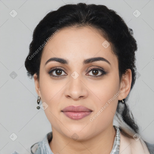 Joyful latino young-adult female with medium  brown hair and brown eyes