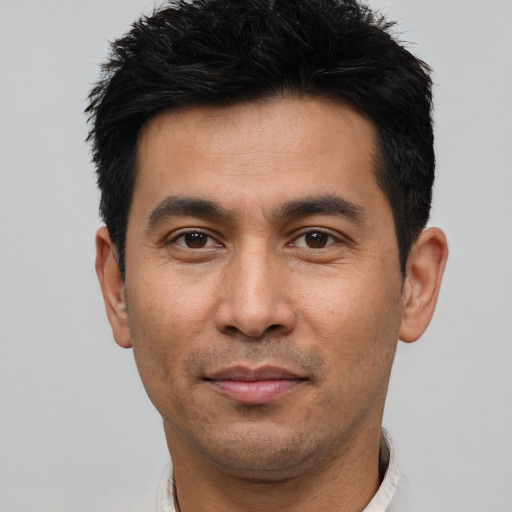 Neutral asian adult male with short  black hair and brown eyes