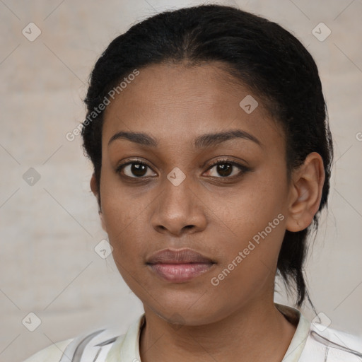 Neutral latino young-adult female with short  brown hair and brown eyes