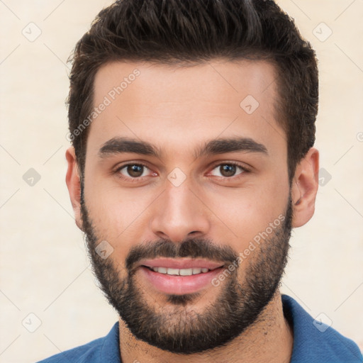 Joyful white young-adult male with short  brown hair and brown eyes