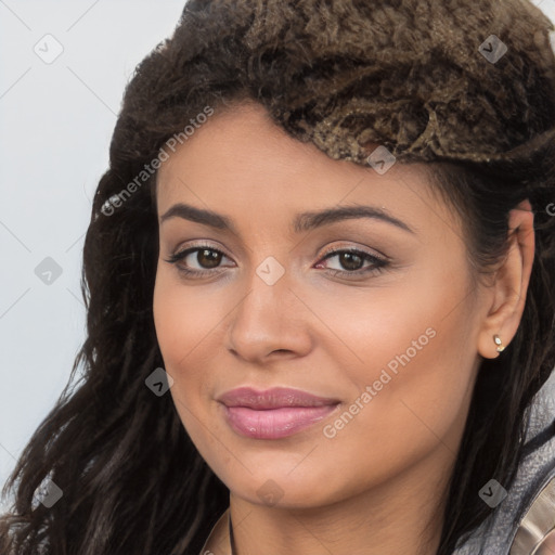 Joyful latino young-adult female with long  brown hair and brown eyes