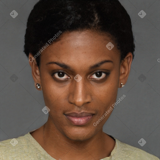 Neutral black young-adult female with short  black hair and brown eyes