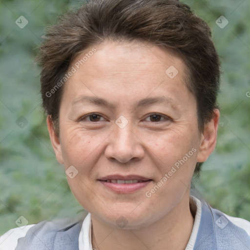 Joyful white adult female with short  brown hair and brown eyes