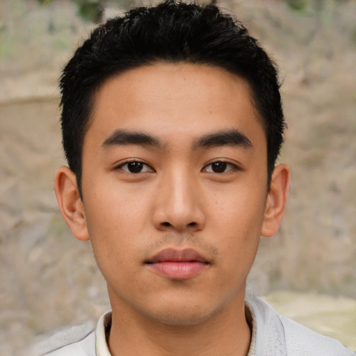Neutral asian young-adult male with short  black hair and brown eyes
