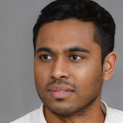 Neutral latino young-adult male with short  black hair and brown eyes