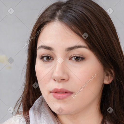 Neutral white young-adult female with medium  brown hair and brown eyes