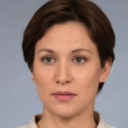 Neutral white adult female with short  brown hair and brown eyes