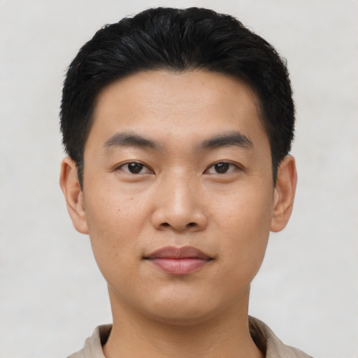 Neutral asian young-adult male with short  black hair and brown eyes