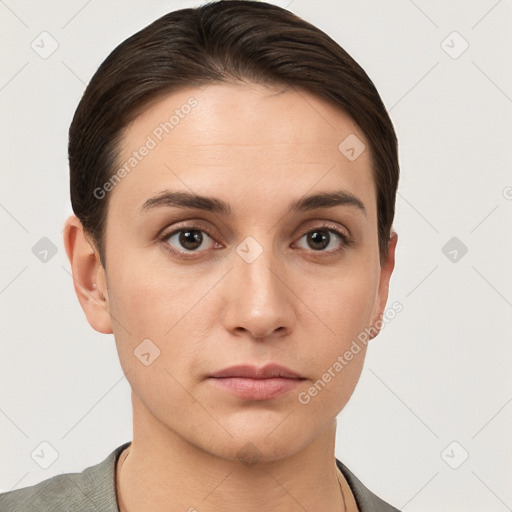 Neutral white young-adult female with short  brown hair and brown eyes