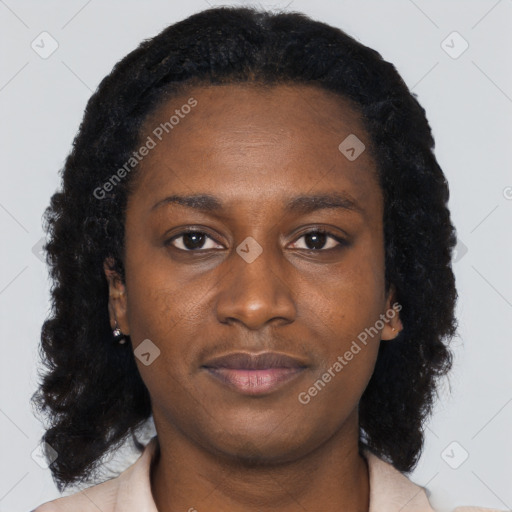 Joyful black young-adult female with long  brown hair and brown eyes