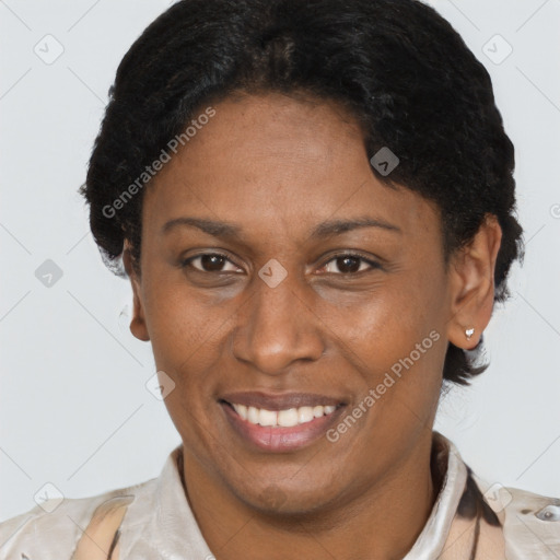 Joyful latino adult female with short  brown hair and brown eyes