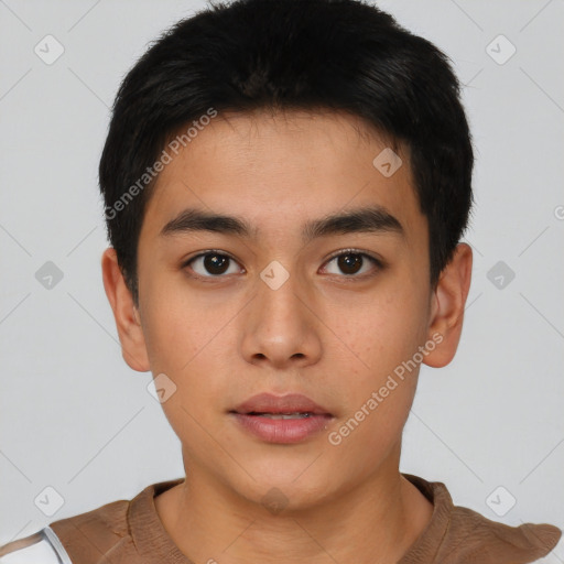 Neutral asian young-adult male with short  brown hair and brown eyes