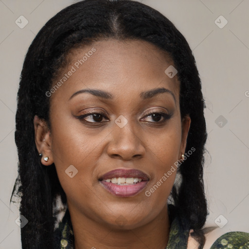 Joyful black young-adult female with medium  brown hair and brown eyes