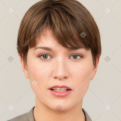 Neutral white young-adult female with short  brown hair and brown eyes