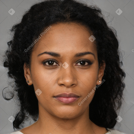 Neutral black young-adult female with medium  brown hair and brown eyes