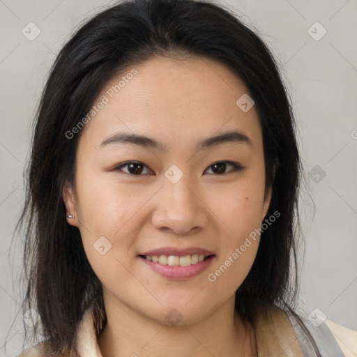 Joyful latino young-adult female with medium  brown hair and brown eyes